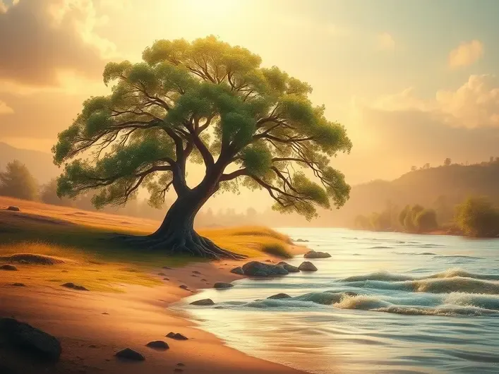 Imagem de uma árvore robusta ao lado de águas correntes, simbolizando esperança e resiliência.