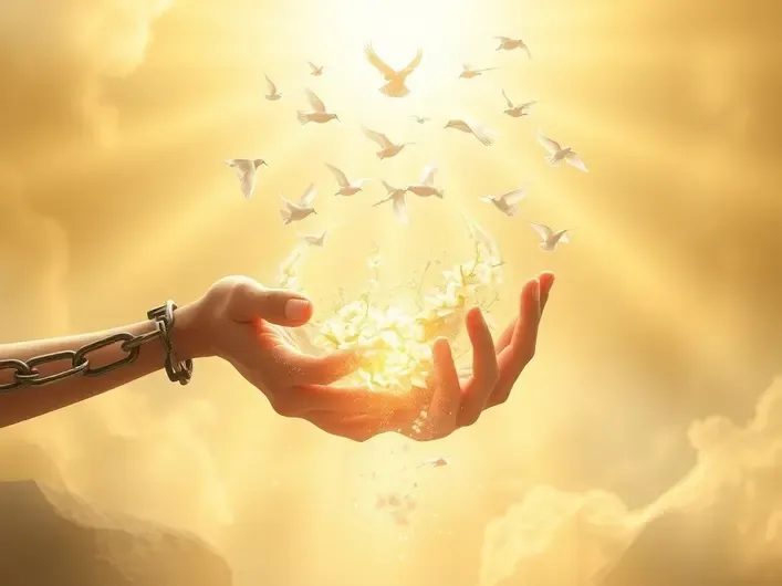 Mãos erguidas em oração com luz suave, simbolizando libertação espiritual e reconciliação.