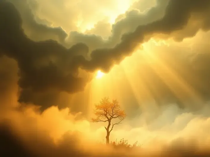 Representação de uma pessoa orando sob a luz divina durante momentos de dificuldade.