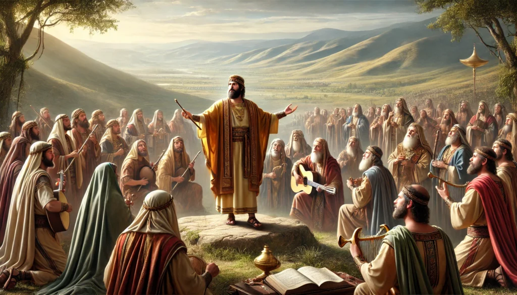 DALL·E 2024 08 07 11.00.32 A realistic image showing a scene of Josaphat leading his people in worship at the Valley of Baracah with musical instruments and expressions of deep