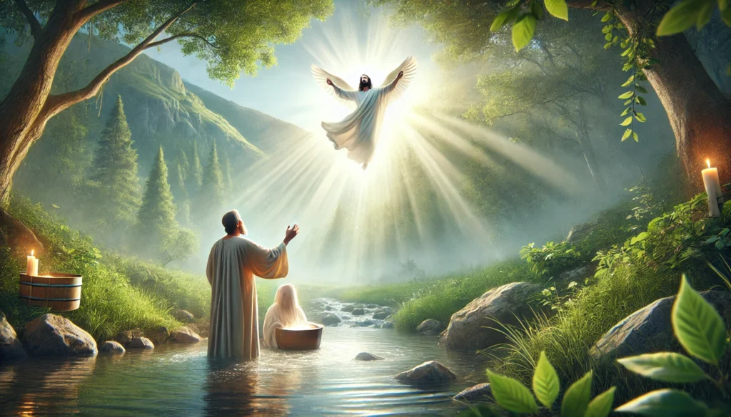 DALL·E 2024 08 07 11.08.13 A realistic image showing Jesus in the wilderness being baptized by John the Baptist with a dove descending and a radiant light from heaven. The sce