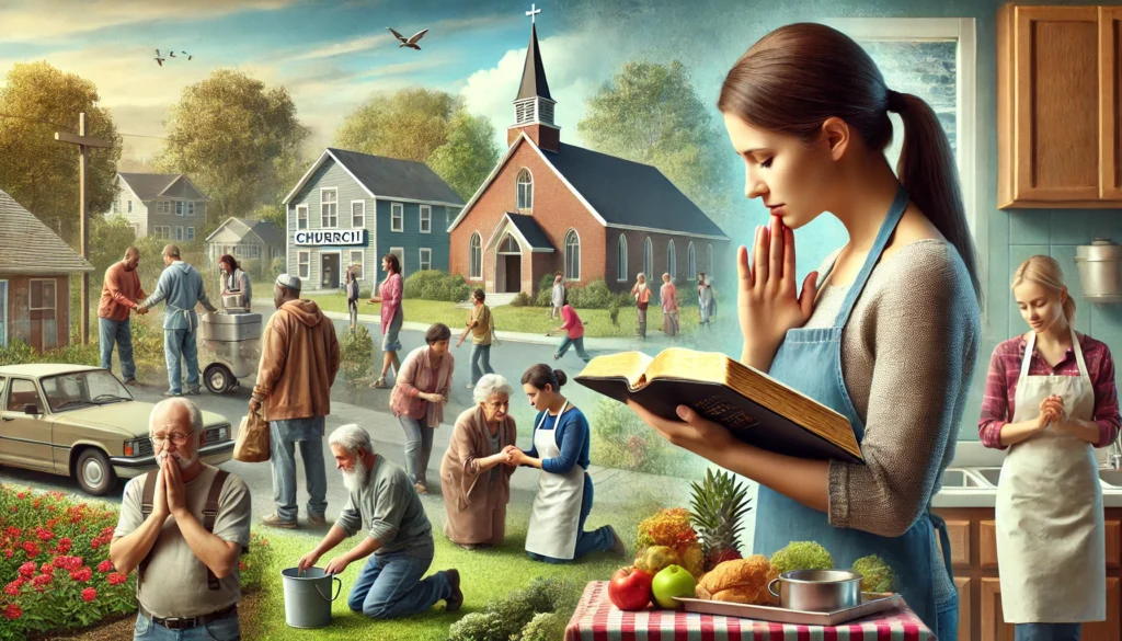 DALL·E 2024 08 07 14.48.41 A highly realistic horizontal image showing a diverse group of people engaged in various acts of service and kindness. In the foreground a person is