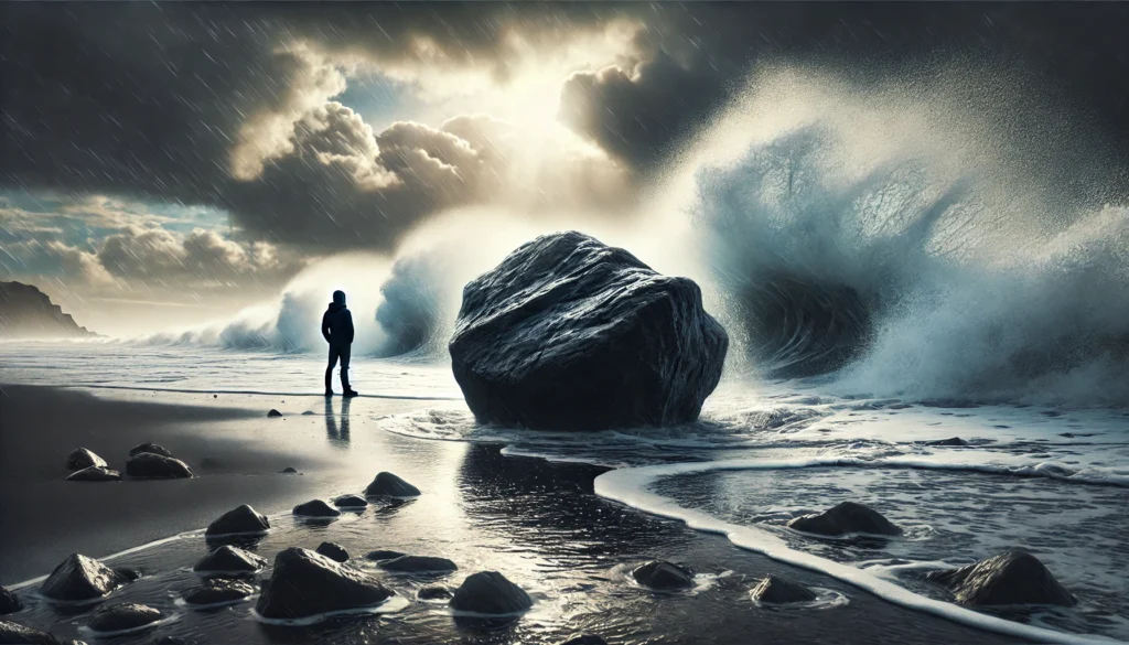 DALL·E 2024 08 09 09.41.47 A realistic image of a solid rock on the shore with powerful waves crashing against it. A person stands near the rock representing resilience and pe