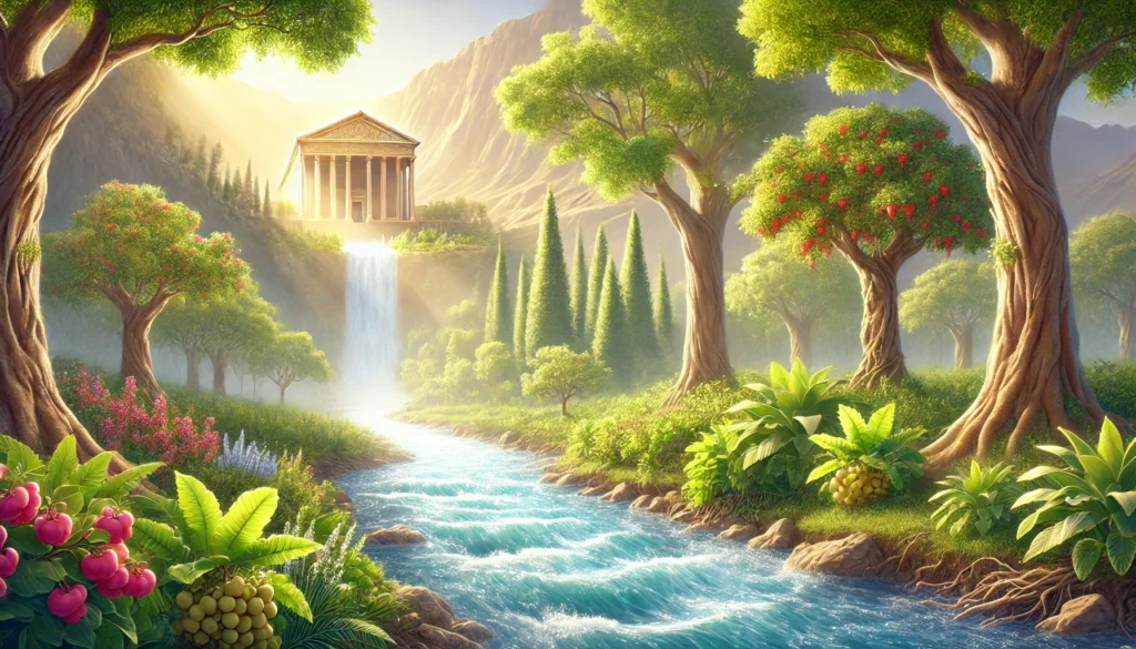 DALL·E 2024 08 29 12.35.53 A realistic image depicting a biblical scene inspired by Ezekiel 47. The scene shows a flowing river emerging from a temple surrounded by lush trees