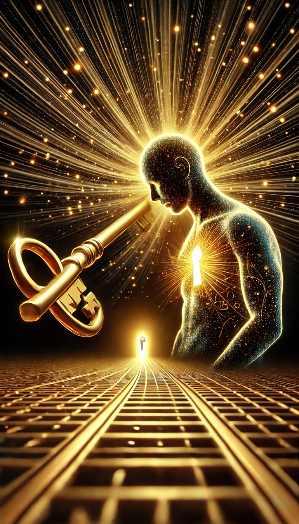 DALL·E 2024 10 09 13.27.30 A highly detailed image of a golden key unlocking a glowing radiant human figure symbolizing the unlocking of human potential. The key should be in