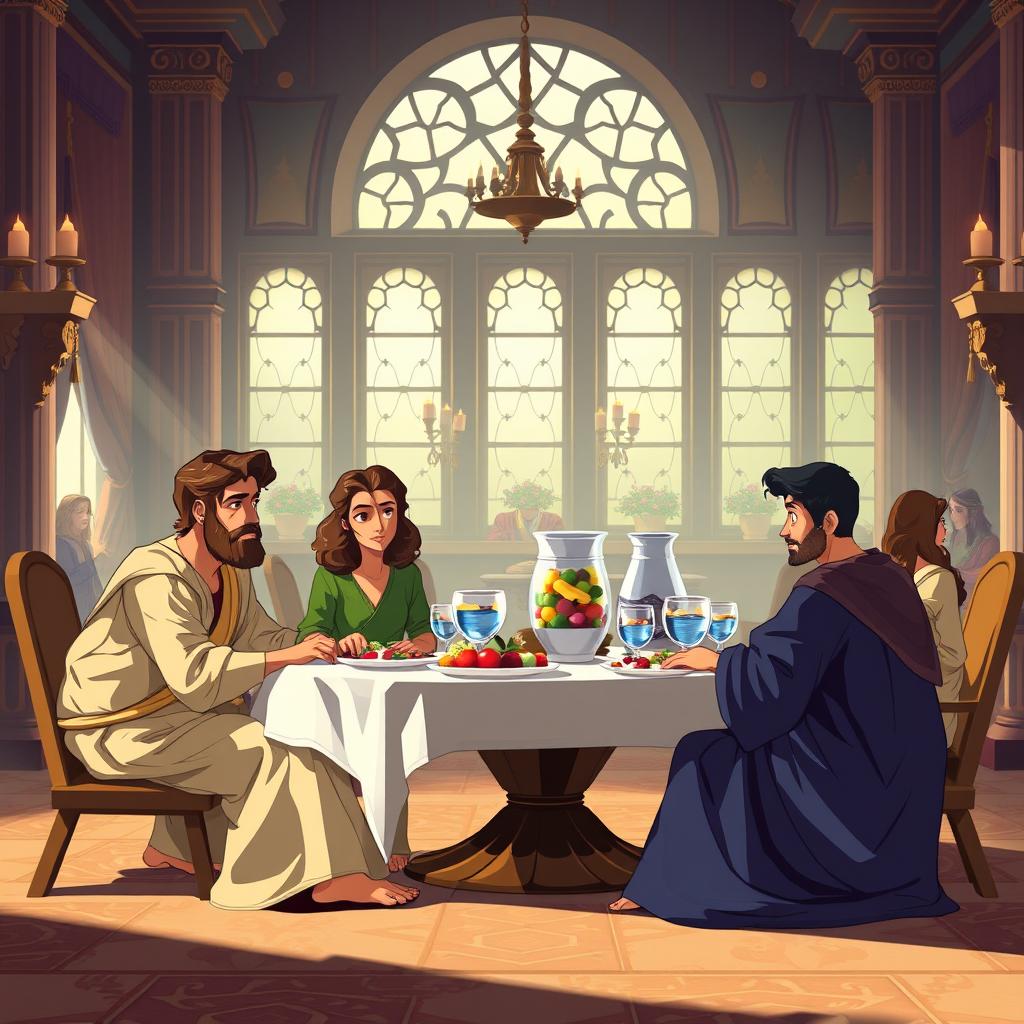 Ilustração de Daniel e seus amigos recusando a comida do rei na Babilônia, simbolizando fé e obediência.