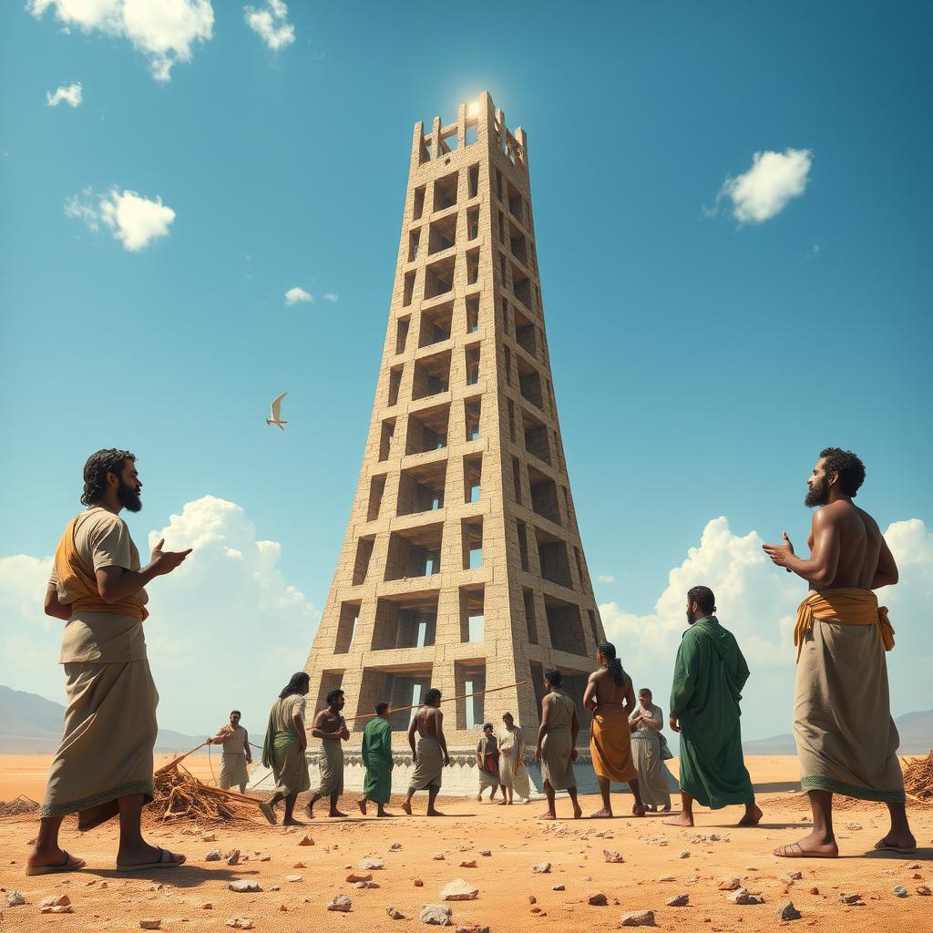 Ilustração da Torre de Babel, simbolizando a união e a confusão das línguas.