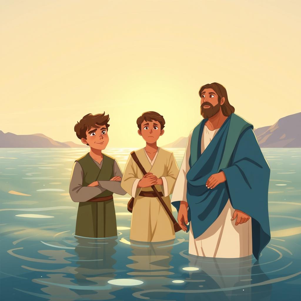 Pedro, Tiago e João pescando no Mar da Galileia com Jesus, simbolizando fé e obediência.