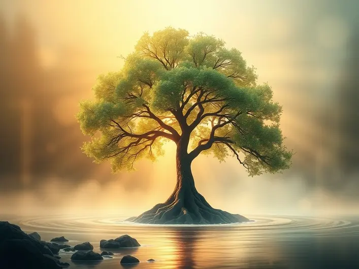 Imagem de uma árvore frutífera plantada junto a ribeiros de águas, simbolizando prosperidade espiritual.