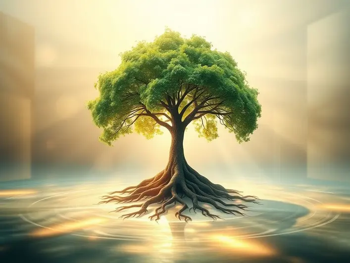Imagem de uma árvore com raízes profundas simbolizando a conexão espiritual com Deus.