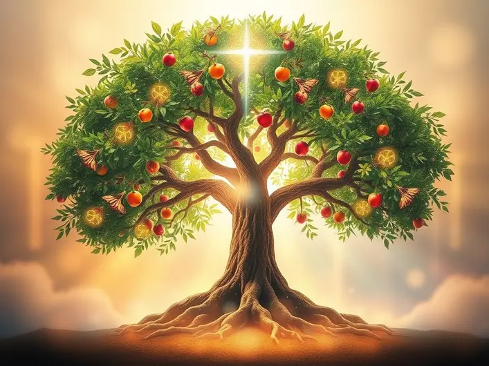 Imagem de uma árvore frutífera simbolizando Cristo como a raiz da vida e a transformação espiritual.