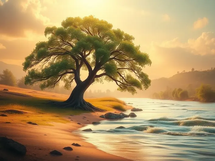 Imagem de uma árvore robusta ao lado de águas correntes, simbolizando esperança e resiliência.