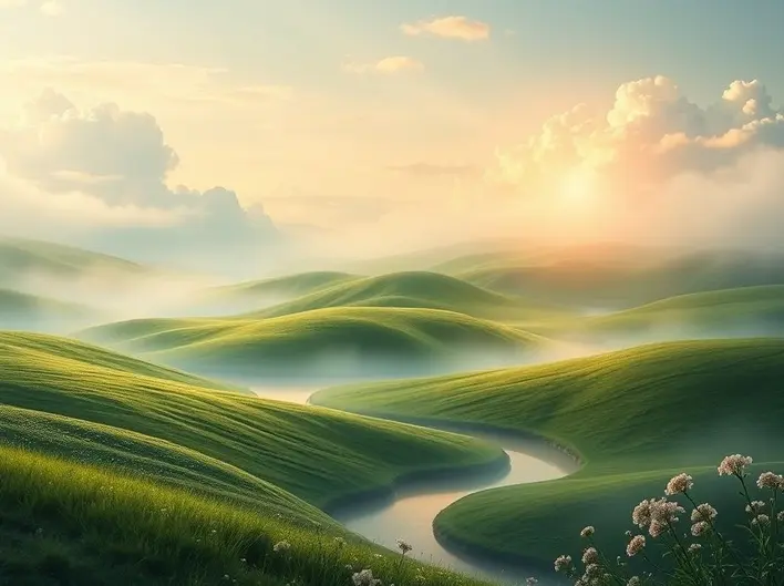 Imagem de uma paisagem tranquila com verdes pastos e águas calmas, simbolizando a restauração da alma.