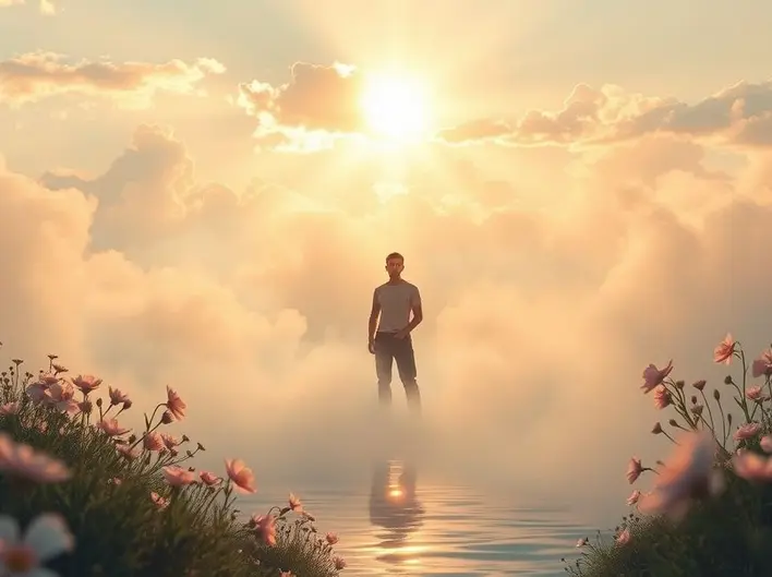 Imagem de uma pessoa refletindo sobre sua identidade em Cristo, cercada por versículos bíblicos.