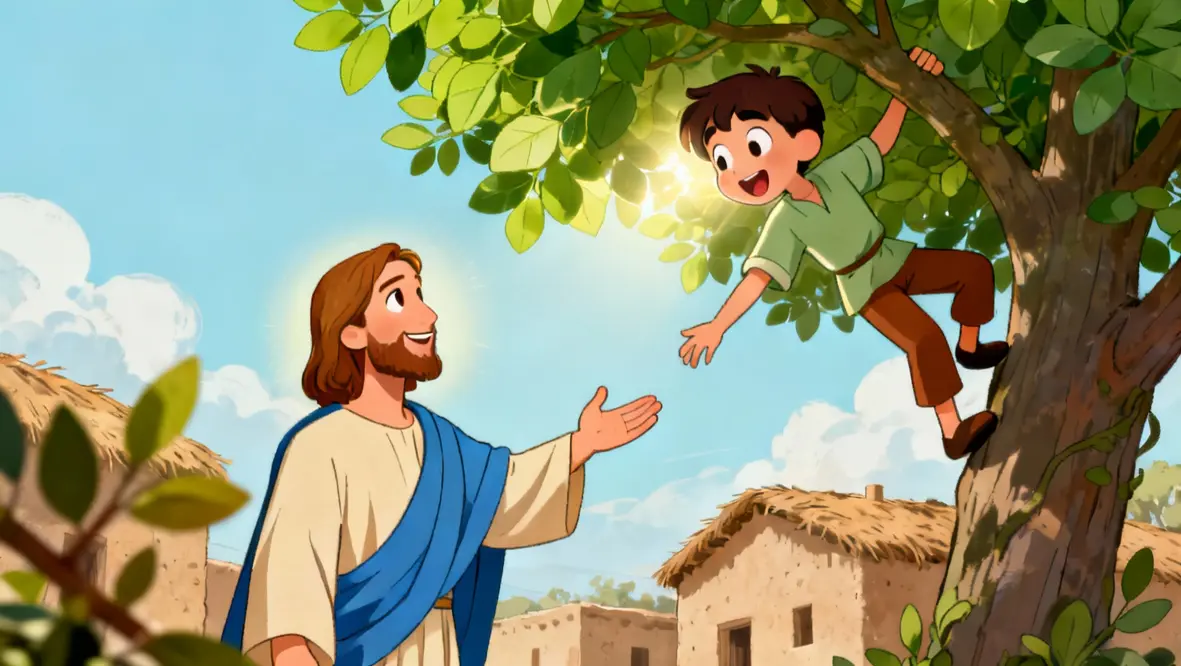 Ilustração de Zaqueu recebendo o convite de Jesus, simbolizando aceitação e transformação.