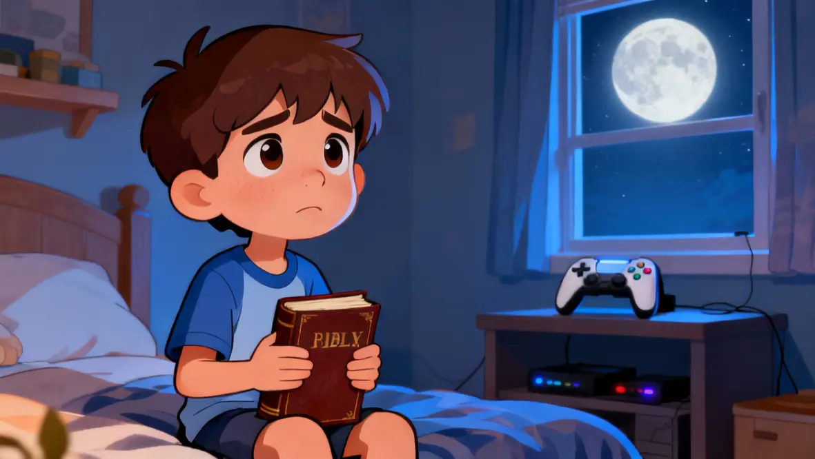 Criança lendo a Bíblia e orando, simbolizando a importância de priorizar a vida espiritual.