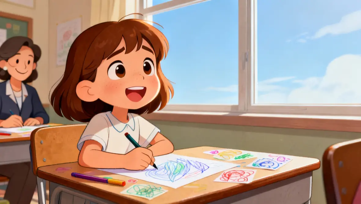 Criança desenhando e sorrindo, simbolizando a renovação e a alegria que Deus traz em nossas vidas.