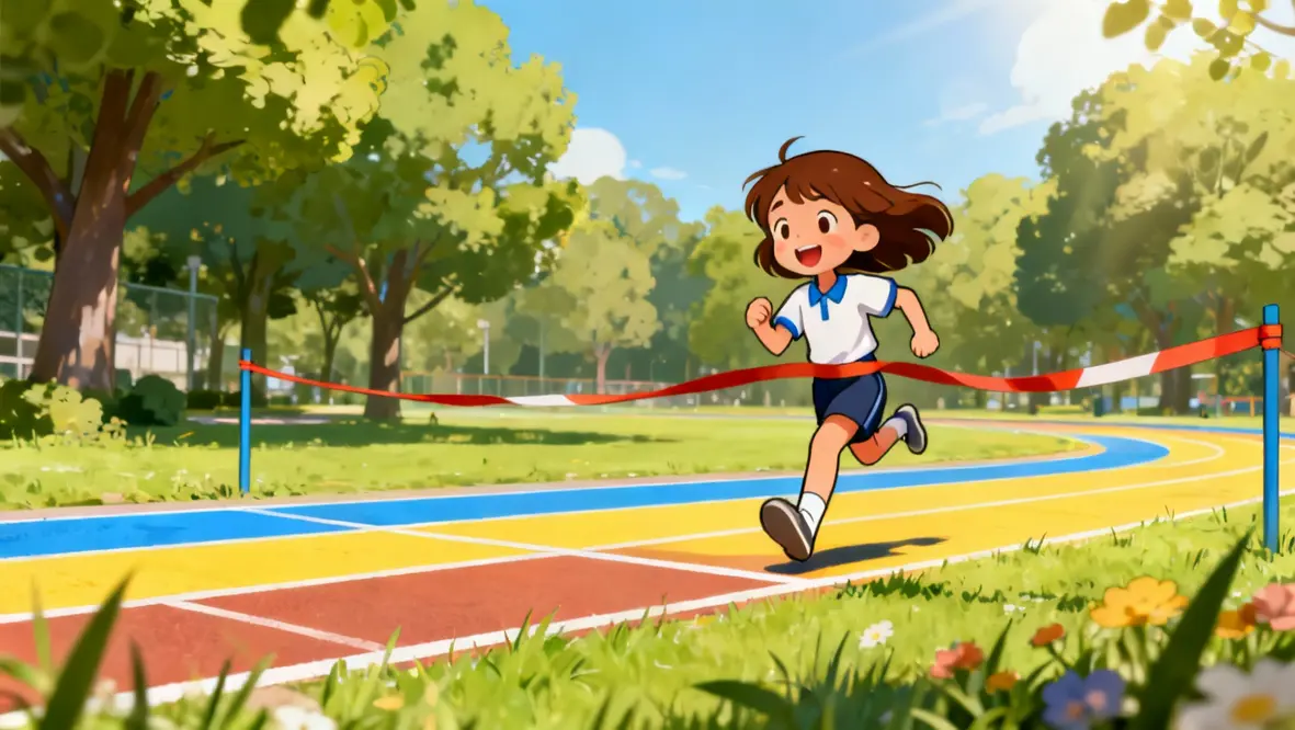 Crianças correndo em uma corrida escolar, simbolizando perseverança e força em Deus.