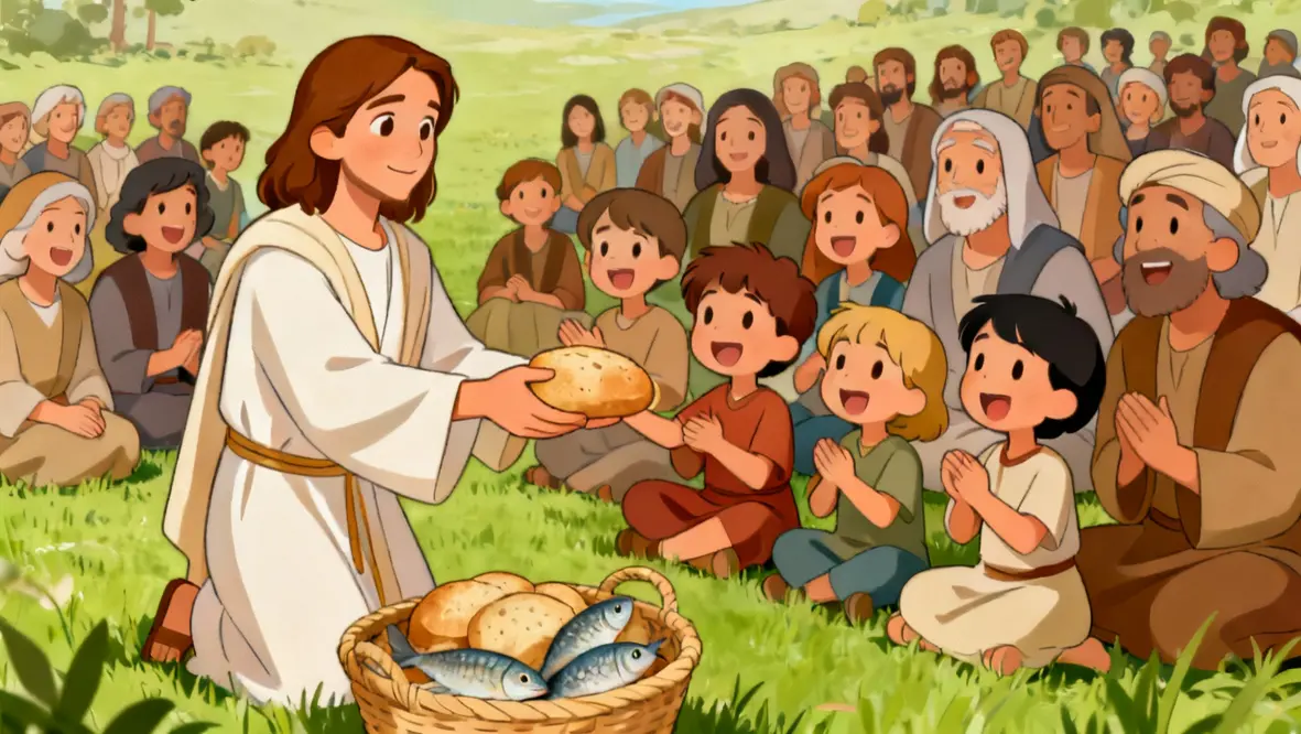 Crianças dividindo lanches e aprendendo sobre generosidade e confiança em Jesus.