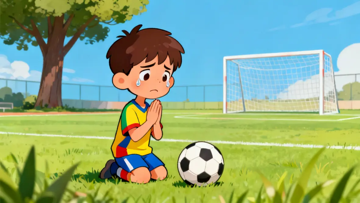 Criança orando e pedindo ajuda a Deus em momentos de dificuldade.