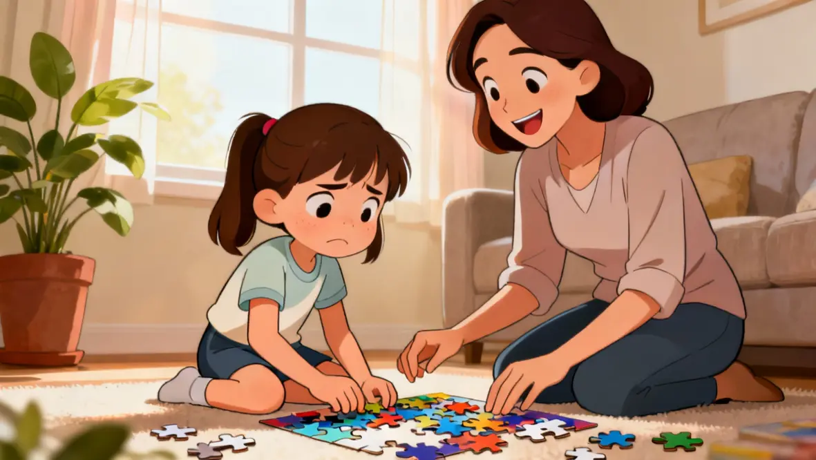 Criança montando um quebra-cabeça, simbolizando paciência e constância na fé.