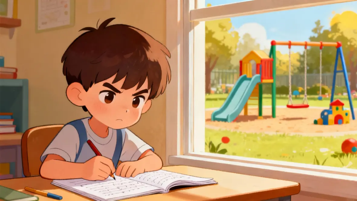 Criança estudando antes de brincar, representando a importância de priorizar tarefas.