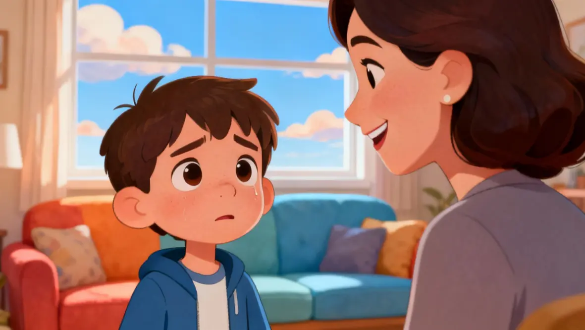 Criança orando e buscando conforto em Deus durante momentos de tristeza.