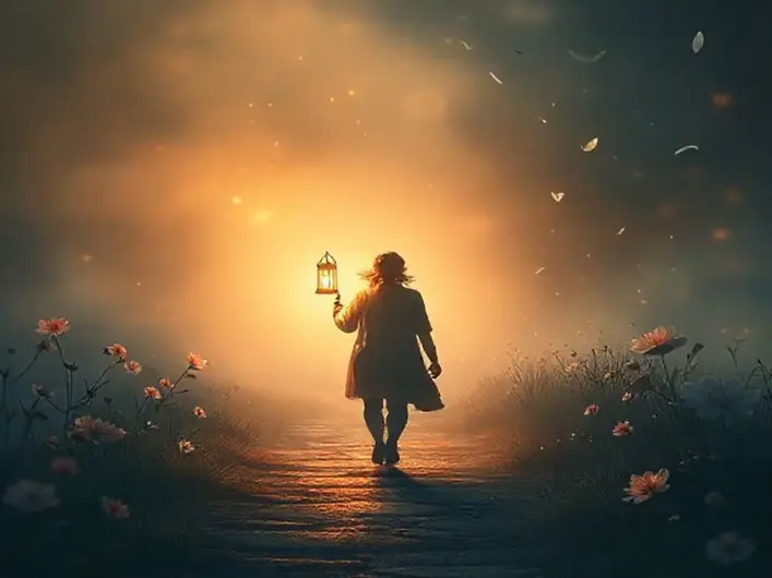 Imagem de uma pessoa caminhando em um caminho iluminado, simbolizando coragem e fé em Deus.