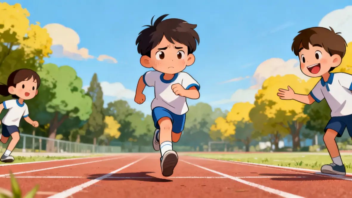 Criança correndo em uma corrida escolar, simbolizando perseverança e força divina.