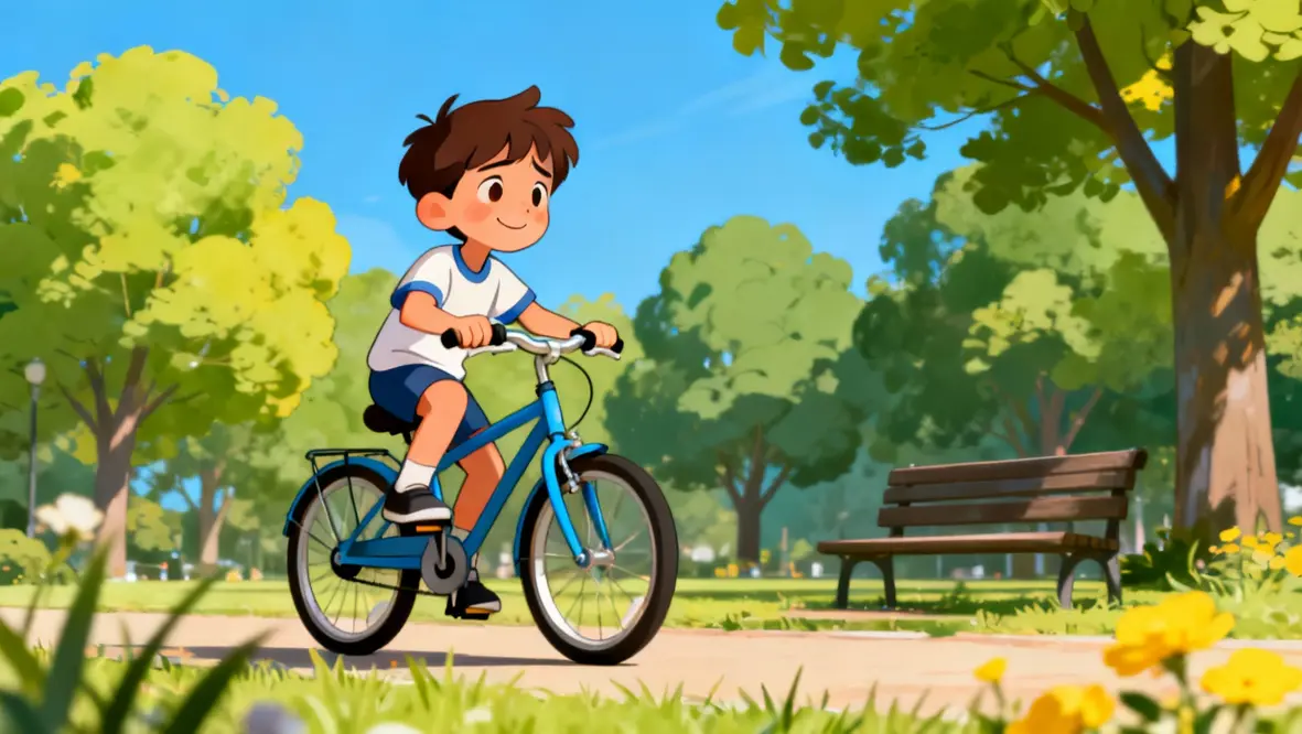 Criança pedalando de bicicleta no parque, simbolizando a perseverança e a confiança em Deus.