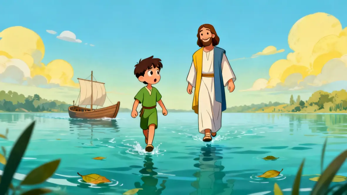 Criança superando o medo com a ajuda de Jesus, simbolizando coragem e fé.