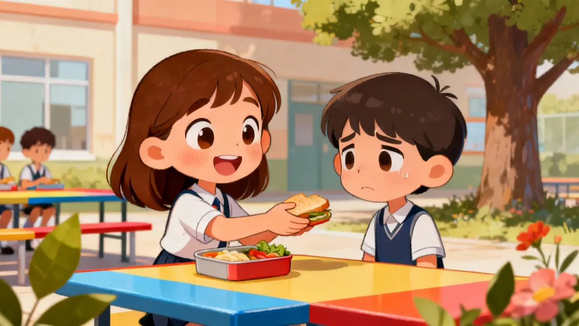 Criança compartilhando lanche com amiga, simbolizando atos de bondade.