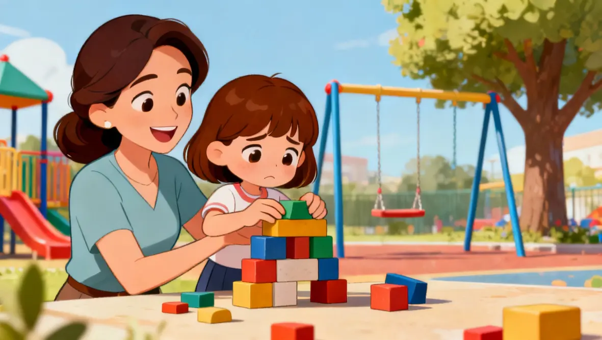 Crianças reconstruindo uma torre de blocos com a ajuda de seus pais, simbolizando fé e superação.