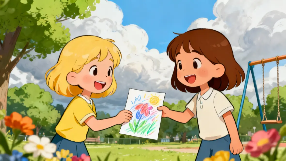 Crianças mostrando amor através de gestos simples como desenhos e sorrisos.