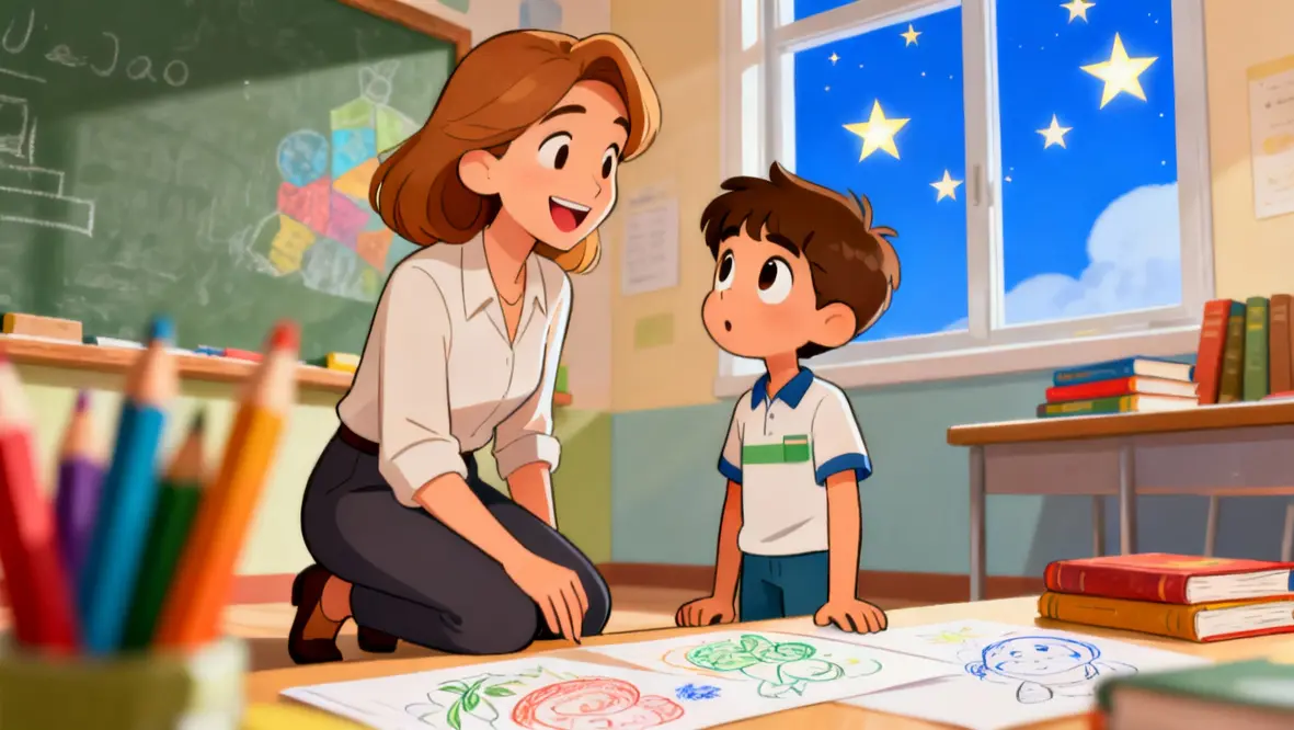 Criança feliz conversando com a família sobre seu propósito e talentos especiais.