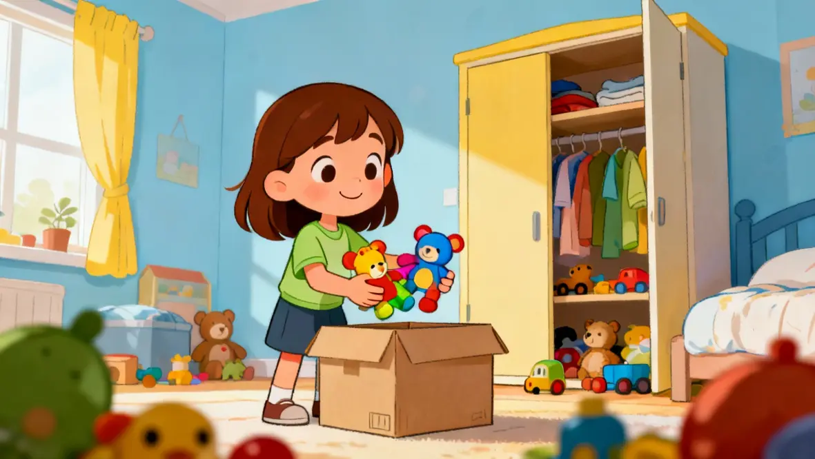 Criança doando brinquedos para outras crianças, simbolizando a abertura para o novo.