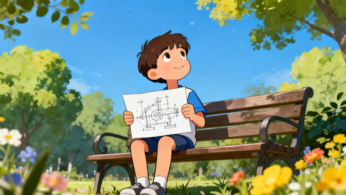 Criança sonhando em ser inventor, simbolizando fé e esperança nos sonhos.