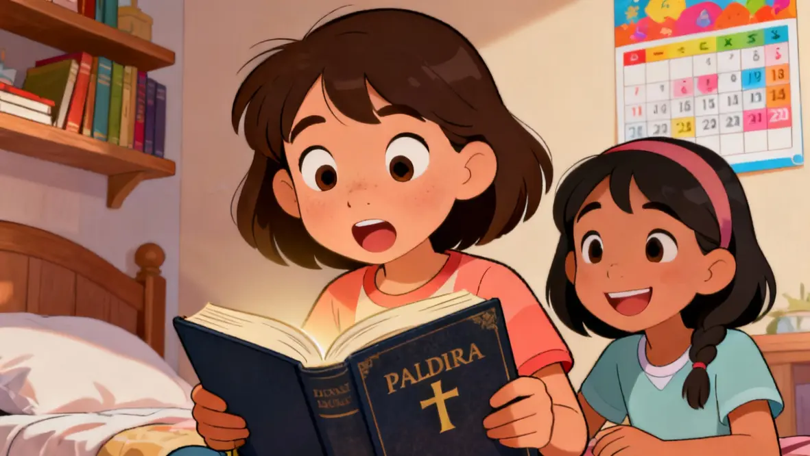 Crianças lendo a Bíblia e se divertindo com histórias e ensinamentos.