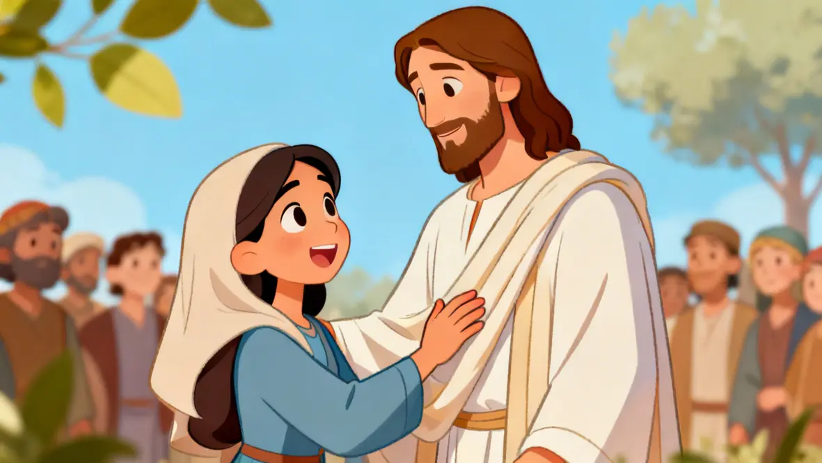 Crianças aprendendo sobre a fé e a história da mulher que tocou nas vestes de Jesus.