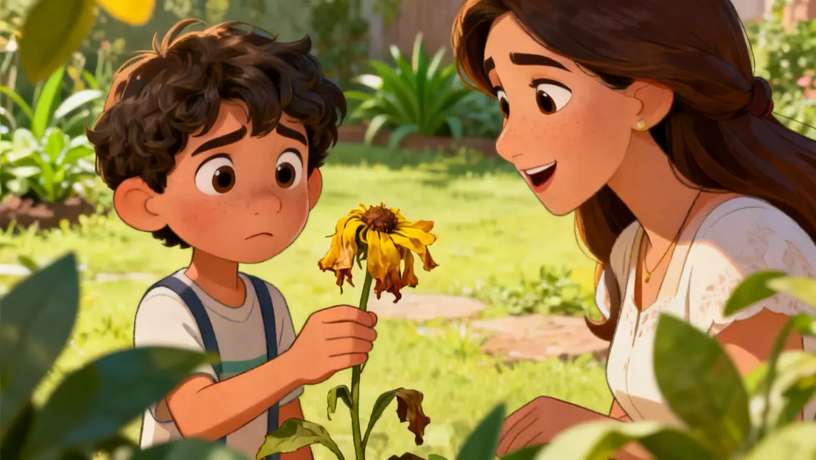 Ilustração de uma flor murcha sendo cuidada por uma criança, simbolizando o amor e cuidado de Deus.