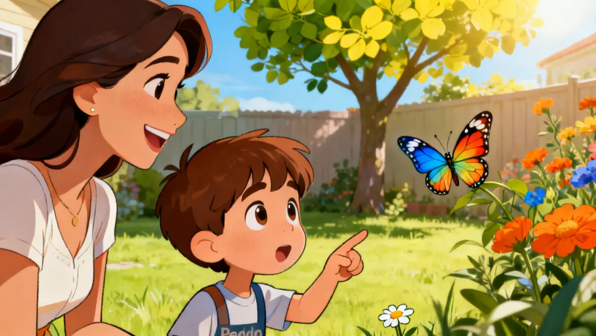 Criança observando uma borboleta no quintal, simbolizando a gratidão pelas pequenas coisas.