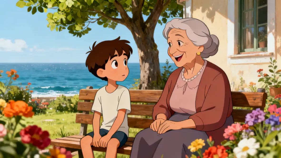 Crianças aprendendo sobre os sinais de Deus através de uma conversa com a avó.