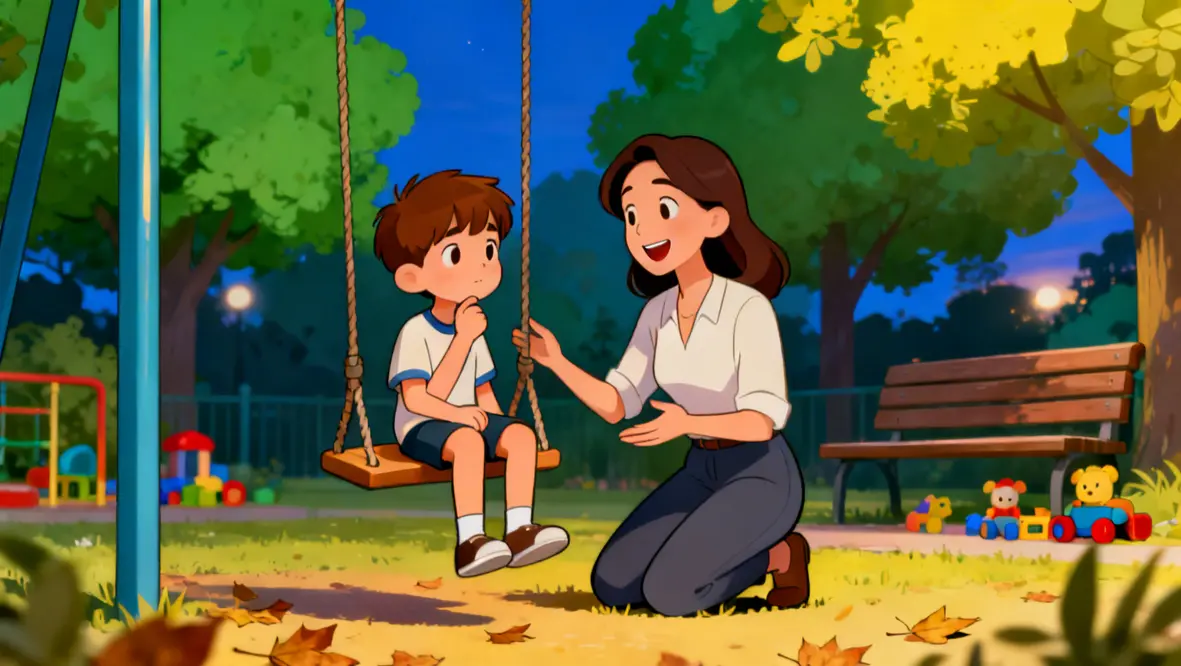 Criança refletindo sobre suas amizades no parque, buscando boas companhias.