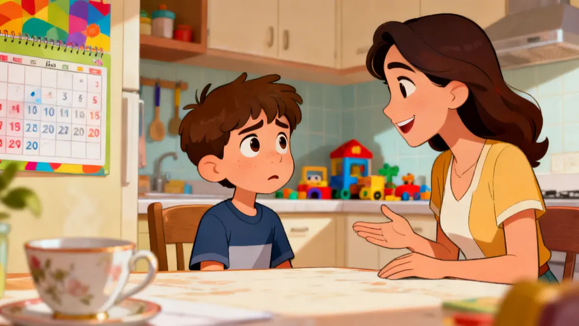 Criança organizando sua rotina com atividades de estudo, oração e lazer.