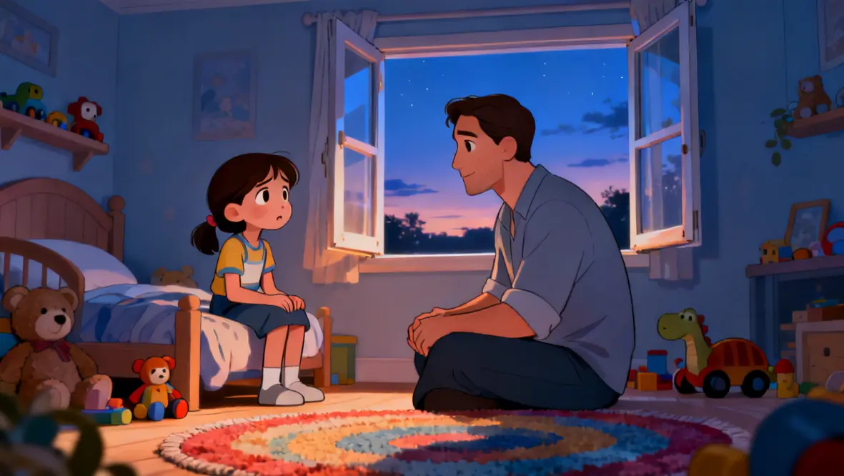 Criança conversando com o pai sobre medo e fé em Deus.