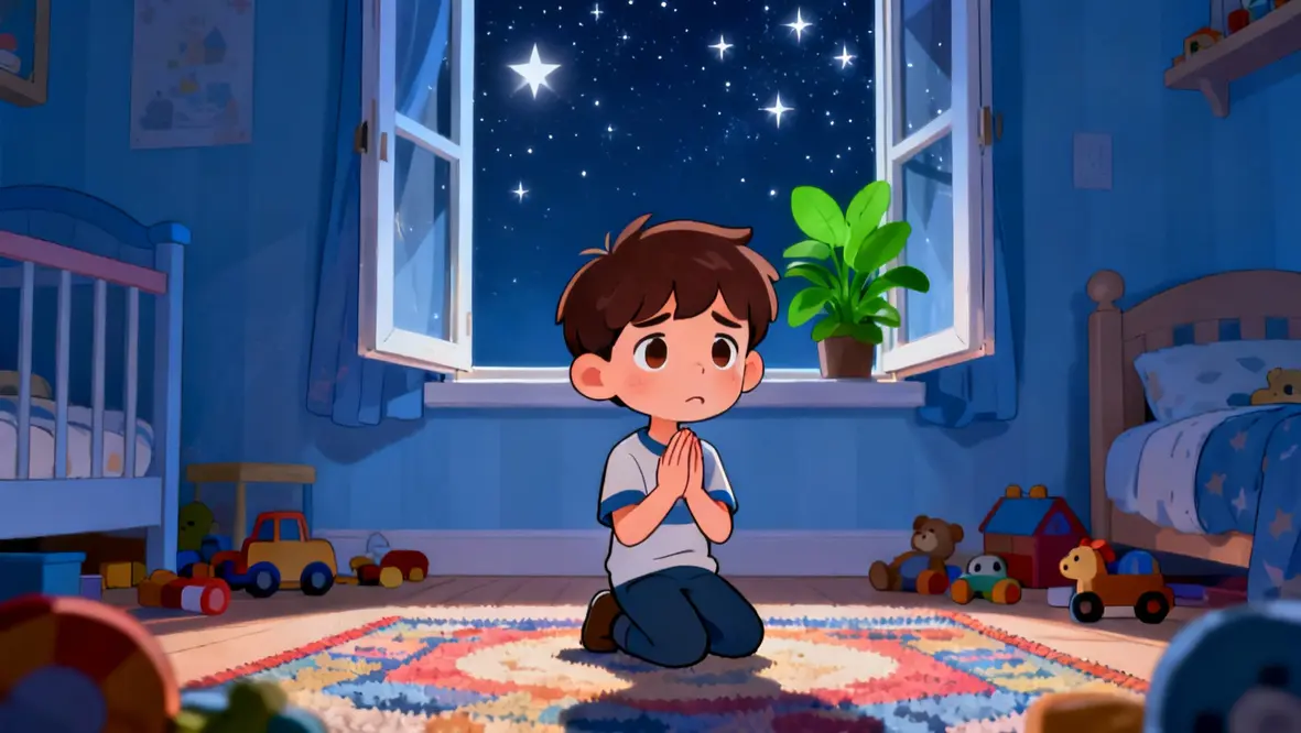 Criança orando e se sentindo apoiada por Deus em momentos de tristeza.