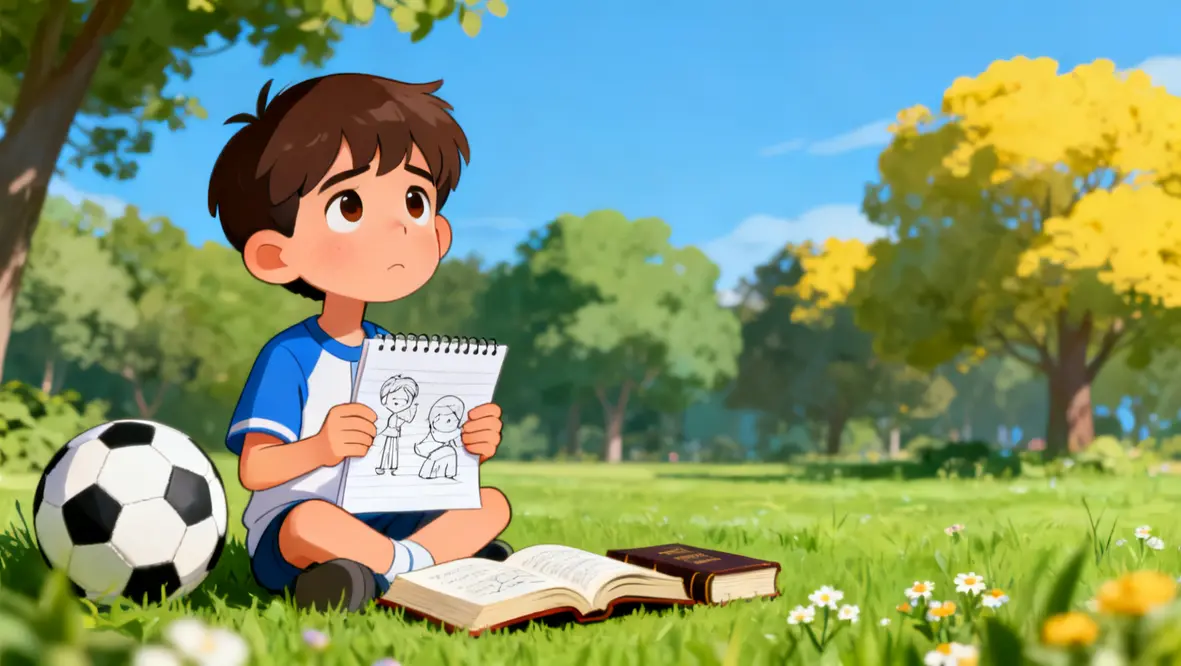 Criança organizando uma agenda semanal com momentos para oração e leitura da Bíblia.