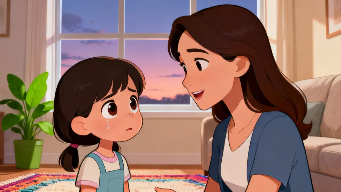 Ilustração de uma criança conversando com sua mãe sobre confiar em Deus em momentos difíceis.