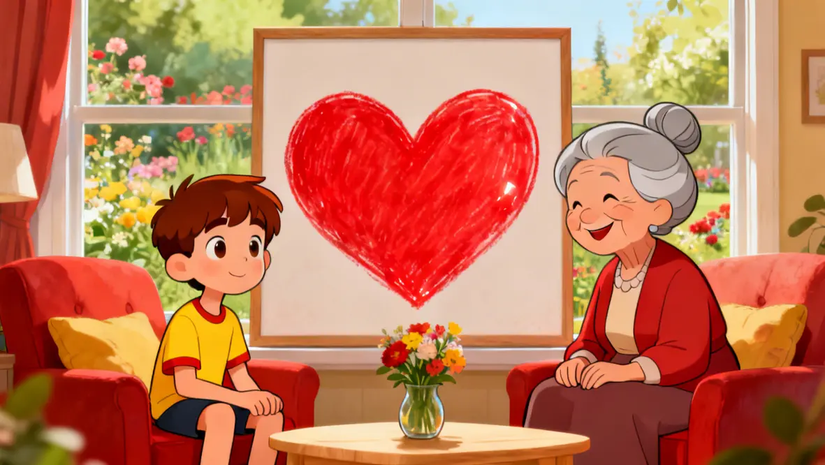 Crianças aprendendo sobre bondade e amor em uma conversa com a avó.