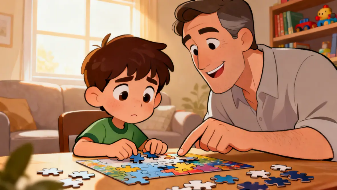 Criança montando um quebra-cabeça com a ajuda do pai, simbolizando a fé em Deus.